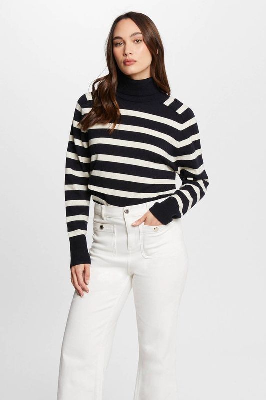 MORGAN - Gestreepte Trui - Blauw - Viscose - Rolkraag