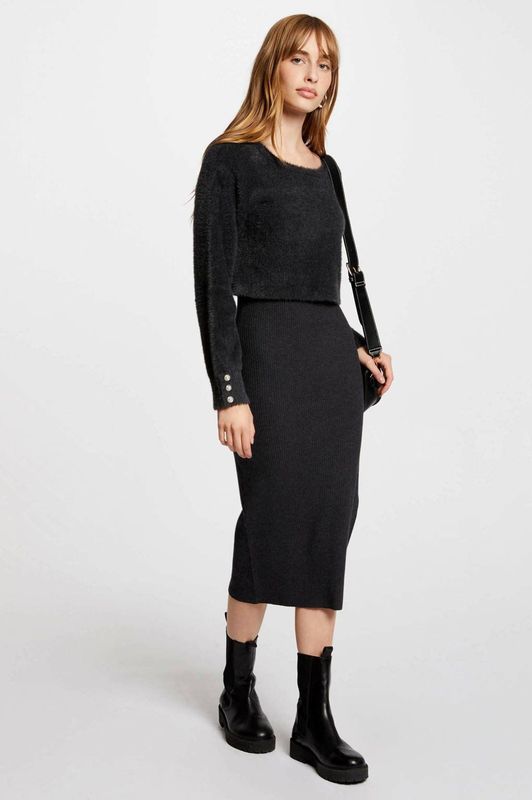 Morgan - A-lijn Jurk - Zwart - Damesgebreid - Ronde Hals - Lange Mouwen