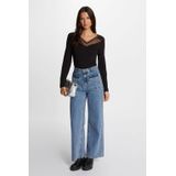 Morgan - Top - Zwart - Viscosemix - V-hals, Lange Mouwen, Studsmesh Details