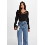 Morgan - Top - Zwart - Viscosemix - V-hals, Lange Mouwen, Studsmesh Details