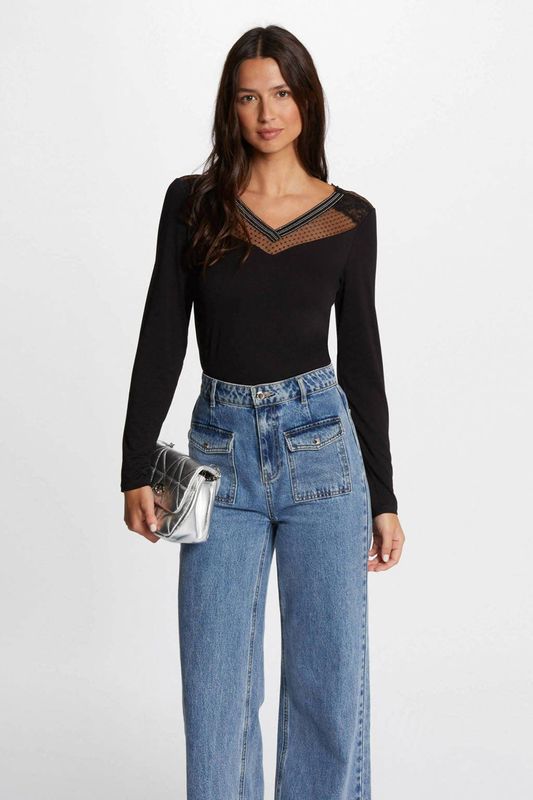 Morgan - Top - Zwart - Viscosemix - V-hals, Lange Mouwen, Studsmesh Details