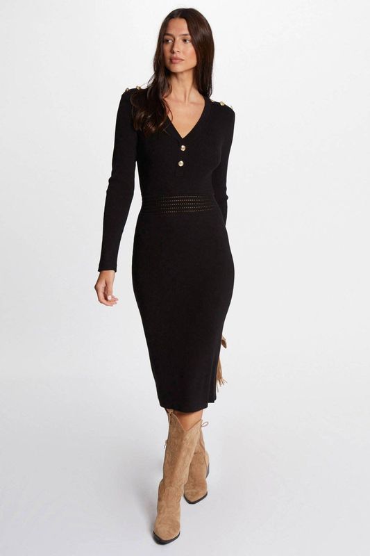 Morgan - A-lijn Jurk - Zwart - Viscosemix - Lange Mouwen - V-hals