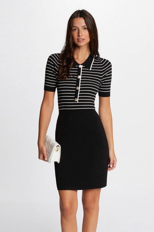 Morgan - Gestreepte Jurk - Zwart/Wit - Korte Mouwen - Knoopsluiting