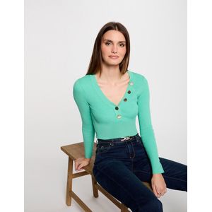 MORGAN - Trui - Muntgroen - Viscose - V-hals met Goudkleurige Knopen