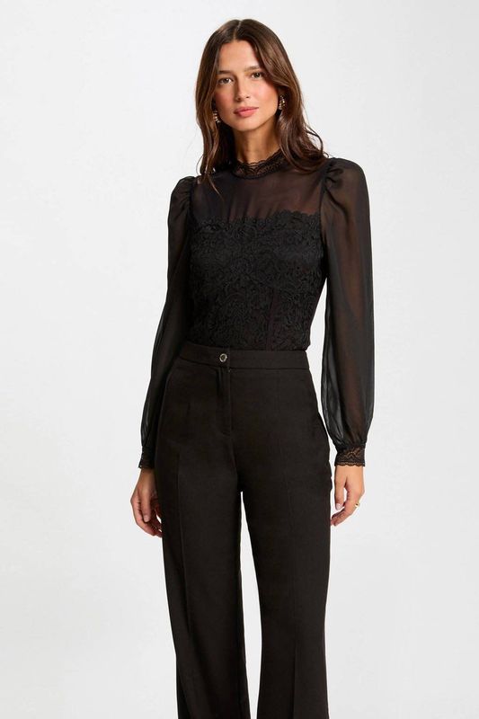 MORGAN - Body - Zwart - Viscose - Lange Mouwen, Kanten Inzetstukken