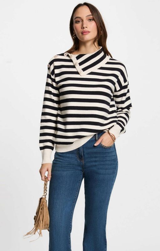 Morgan - Fijn Gebreide Trui - Ecru - Viscose - Opstaande Kraag