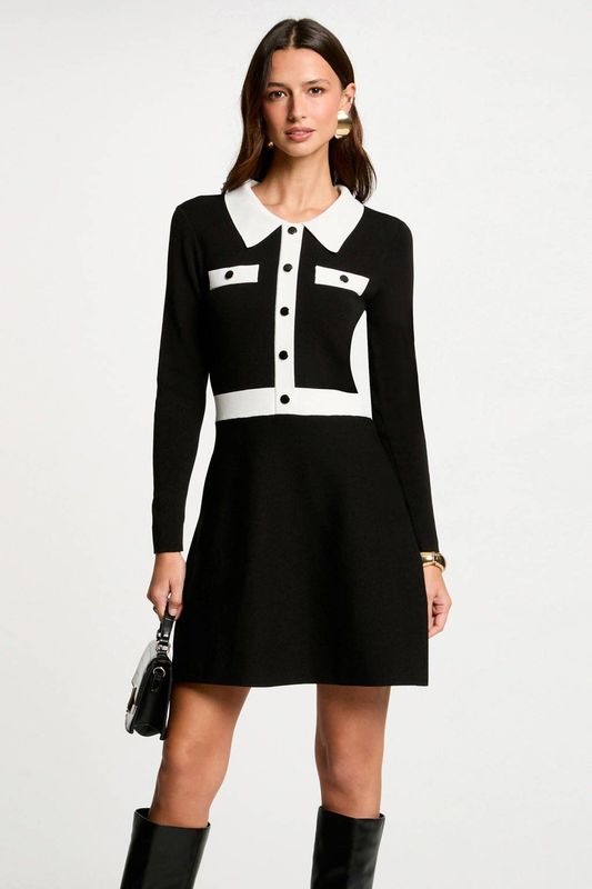 Morgan - Korte Jurk - Zwart - Polyester - Lange Mouwen