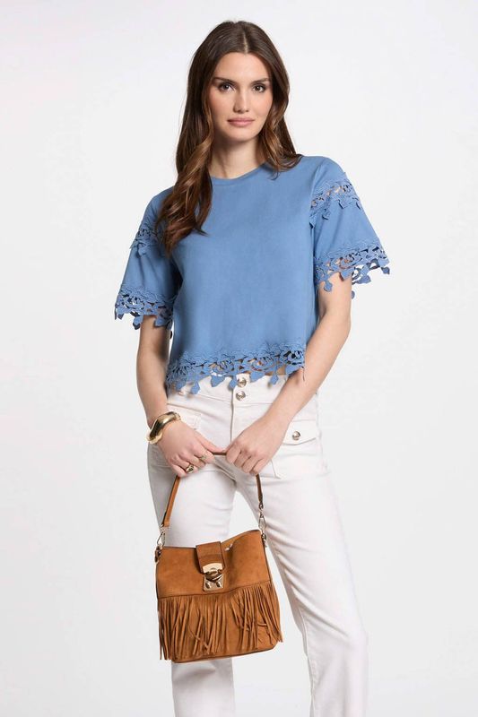 MORGAN - T-shirt - Blauw - Katoen - Korte Mouwen met Guipure-details
