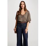Morgan - Top - Kakigroen - V-hals - Half Lange Mouwen - Semi-transparant