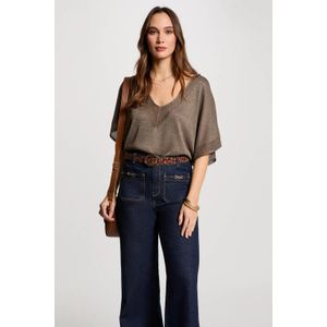 Morgan - Top - Kakigroen - V-hals - Half Lange Mouwen - Semi-transparant