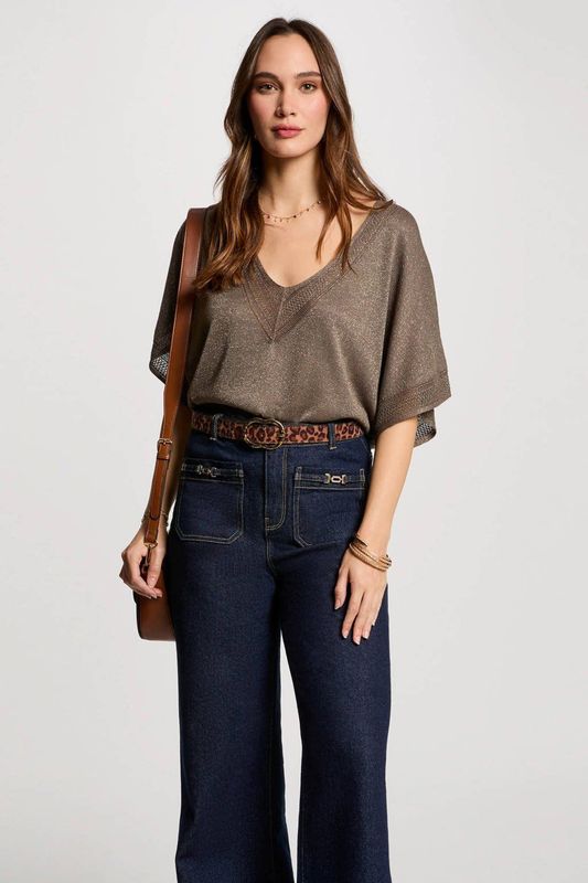 Morgan - Top - Kakigroen - V-hals - Half Lange Mouwen - Semi-transparant