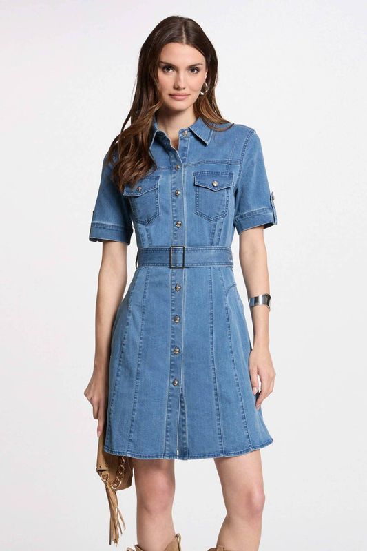 Morgan - Denim Jurk - Blauw - Katoen - Korte Mouwen