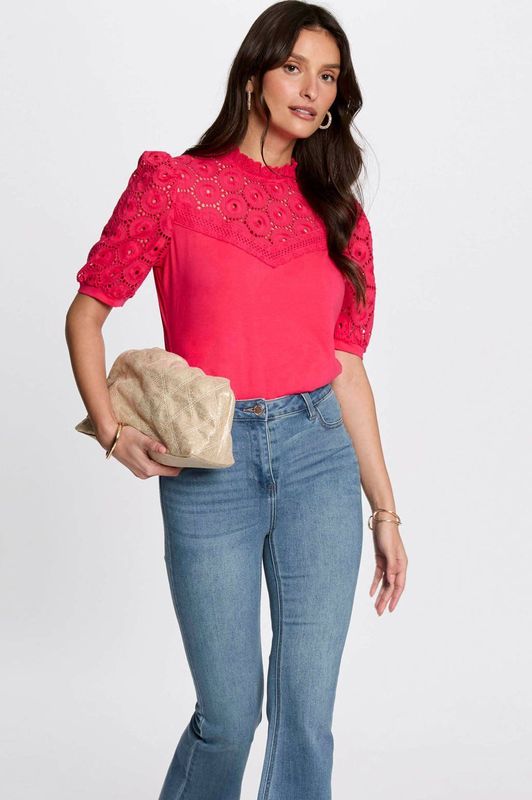 Morgan - Top - Fuchsia - Katoen - Knoopsluiting - Opstaande Kraag - Korte Mouwen