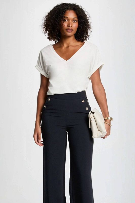 Morgan - Top - Ecru - Katoenmix - Korte Mouwen, V-hals, Kanten Details