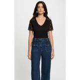 Morgan - Top - Zwart - Korte Mouwen - V-hals - Kantdetails