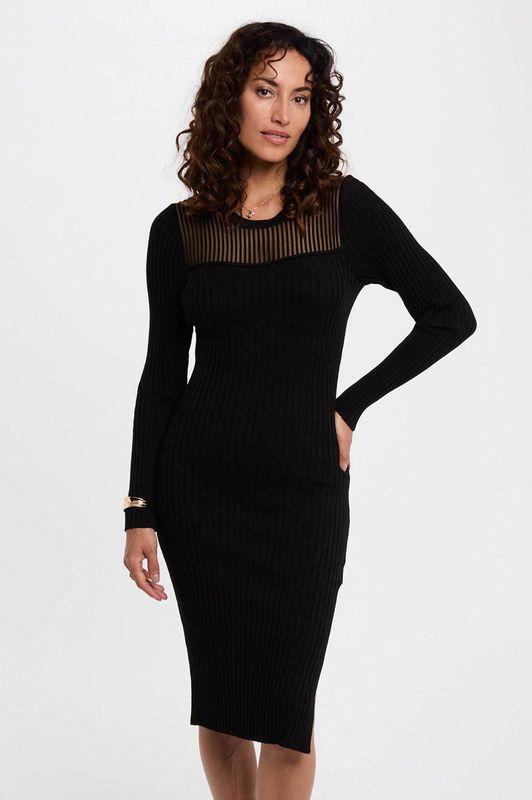 Morgan - Midi Jurk - Zwart - Kokerjurk - Lange Mouwen - Ronde Hals