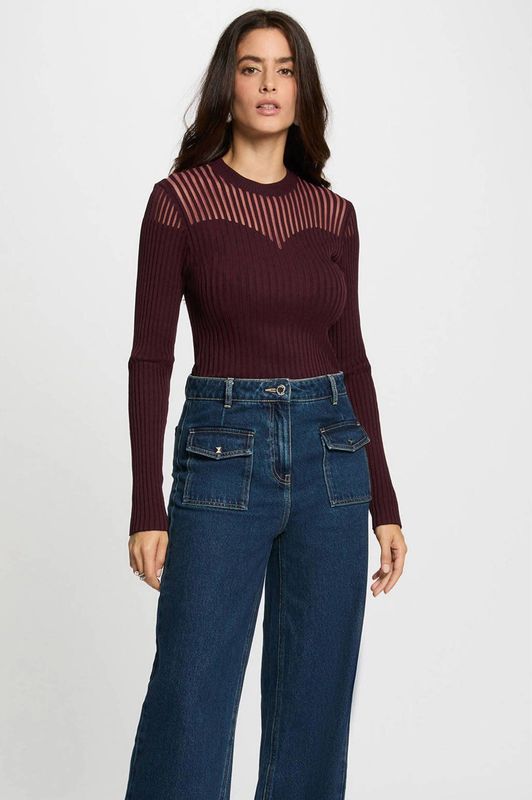 Morgan - Gebreide Trui - Donkerrood - Ribgebreid