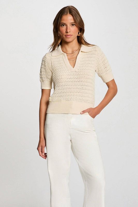 Morgan - Gebreide Trui - Zand - Katoen - Korte Mouwen