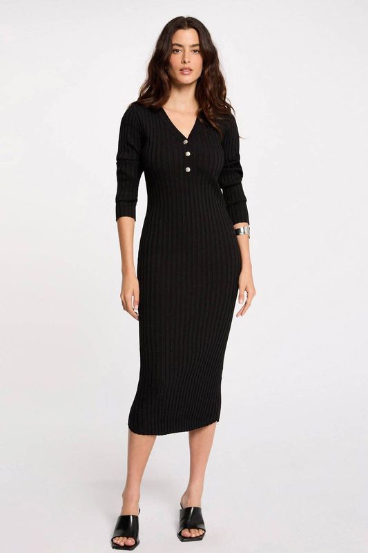 Morgan - Midi Jurk - Zwart - Rib Gebreid - Kokerjurk