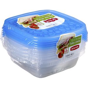 Curver Take Away 2 Vershoudbakjes met deksel - Vierkant - 0,6L - 5 stuks - Transparant/Blauw