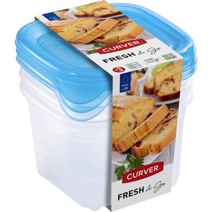 Curver Fresh & Go Vershoudbakjes met deksel - Vierkant - 3x0,45L - 3 stuks - Transparant/Blauw