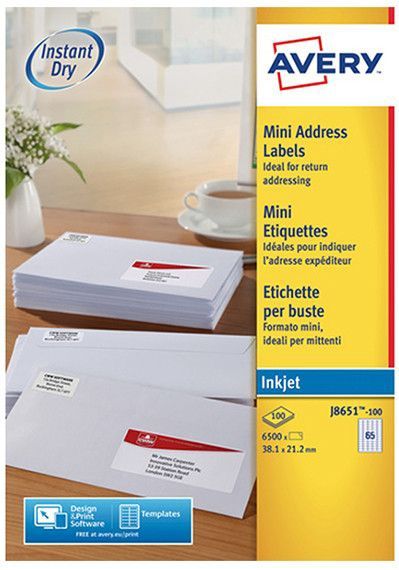 Avery - J8651-100 Etiketten - Wit - 38.1x21.2mm - 6500 Stuks