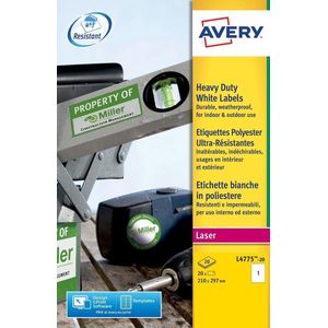 Huismerk Avery L4775-20 Weerbestendige Etiketten 210x297mm Wit