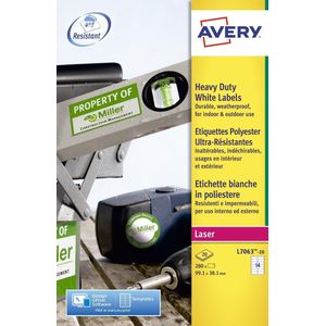 Avery - L7063-20 - Etiket - Wit - 99.1x38.1mm - Polyester, Bestand tegen Vocht en Extreme Temperaturen