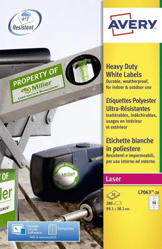 Avery - L7063-20 - Etiket - Wit - 99.1x38.1mm - Polyester, Bestand tegen Vocht en Extreme Temperaturen