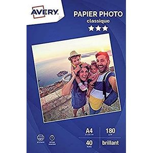 AVERY - 40 vellen glanzend 180 g/m² fotopapier, A4-formaat, inkjetprinter.