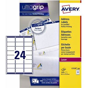 Avery L7159, Adresetiketten, Laser, Ultragrip, wit, 100 vellen, 24 per vel, 63,5 x 33,9 mm - 3266550260241