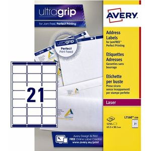 Avery L7160, Adresetiketten, Laser, Ultragrip, wit, 250 vellen, 21 per vel, 63,5 x 38,1 mm - 3266550260302