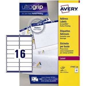 Avery - L7162, Adresetiketten, Laser, Ultragrip, wit, 250 vellen, 16 per vel, 99,1 x 33,9 mm