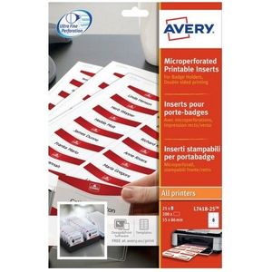 Avery - L7418 - Insteekkaarten voor Naambadgehouder - Wit - 200 Stuks - 86 x 55 mm