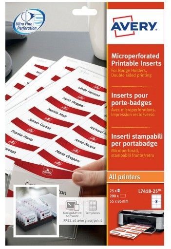 Avery - L7418 - Insteekkaarten voor Naambadgehouder - Wit - 200 Stuks - 86 x 55 mm