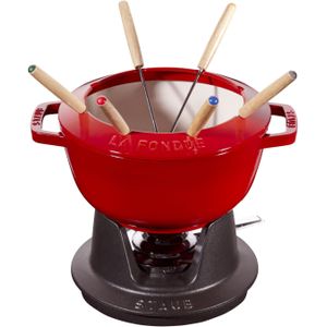 STAUB Fondue-set met 6 vorken, geschikt voor kaas-, chocolade- en vleesfondue, gietijzer, kersenrood, 20 cm