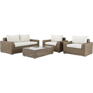 NATERIAL - Polyrattan tuinmeubelset AYAMO - tuinlounge met kussens - 4 personen 1 tuinbank 2 zitplaatsen - 2 tuinfauteuils - 1 salontafel 70x33x120 cm - polyrattan - taupe beige - tuinzitgroep