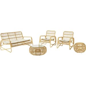 NATERIAAL - Tuinmeubelset BELLIS - tuinlounge met kussens - 5 personen - 1 buitenbank - 2 fauteuils - 2 buiten salontafels Ø 80 x H. 37 cm en Ø 56 x H. 44 cm - aluminium -hars - glas - beige