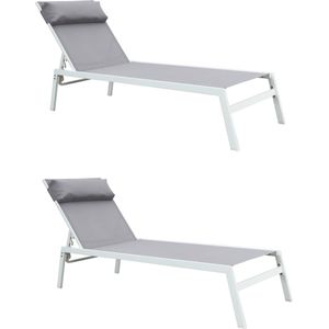NATERIAAL - Set van 2 ligstoelen RIBA - 2 tuinstoelen - Hoofdsteun - Belastbaar tot 100 kg - 199x61x32 cm - Met geïntegreerde kussens - Ligstoelen met onderlegger - Staal - Textilene - Grijs