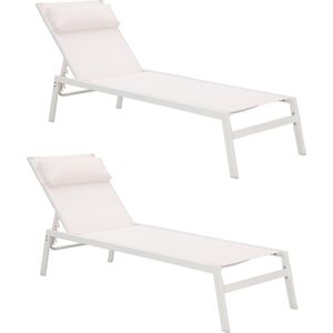 NATERIAAL - Set van 2 ligstoelen RIBA - 2 tuinstoelen - Hoofdsteun - Belastbaar tot 100 kg - 199x61x32 cm - Met geïntegreerde kussens - Ligstoelen met onderlegger - Staal - Textilene - Wit