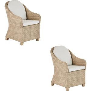 NATERIAAL - Set van 2 tuinstoelen MEDENA met armleuningen - 2 tuinfauteuils poly rotan - Met kussens - Terrasstoelen - Eetkamerstoelen - Synthetische rotan - beige - creme