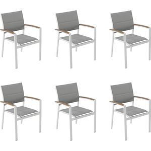 NATERIAL - Set van 6 tuinstoelen SAN DIEGO met armleuningen - 6 x tuinfauteuils - Stapelbaar - Aluminium - Textilene - Wit - Eucalyptus - Terrasstoelen - Eetkamerstoelen