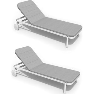 NATERIAL - Set van 2 ligstoelen ARENA - 2 x ligstoelen met verstelbare rugleuning - 198X82X90 cm - 5 standen - Met kussen - Met wielen - Aluminium - Polypropyleen - Wit - Grijs