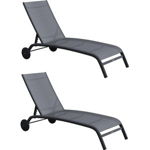 NATERIAL - Set van 2 ligstoelen LYRA II - 2 x ligstoelen met verstelbare rugleuning - 207x63x95 cm - 4 standen - Met wielen - Vast in aluminium - Textilene - Antraciet