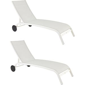 NATERIAAL - Set van 2 ligstoelen LYRA II - 2 x ligstoelen met verstelbare rugleuning - 207x63x95 cm - 4 posities - Met wielen - Vast in aluminium - Textilene - Wit