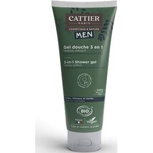 Cattier Men - Douchegel voor heren, 3-in-1, biologisch, haar, lichaam en baard, 200 ml