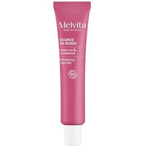 Melvita, Source of Roses Revitalizing Night Jelly, feuchtigkeitsspendende und regenerierende Behandlung für strahlende Haut beim Aufwachen, ideal für alle Hauttypen, vegan und natürlich, 40 ml