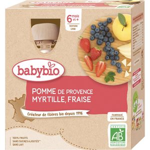 Babybio Appel Bosbes Aardbei 6 Maanden en Ouder Biologisch 4 x 90g Flessen