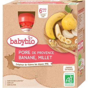 Babybio Peer Banaan Gierst 6 Maanden en + Biologisch 4 x 90g Flessen