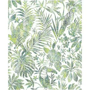 DUTCH-WALLCOVERINGS-Behang-bladeren-en-toekan-groen